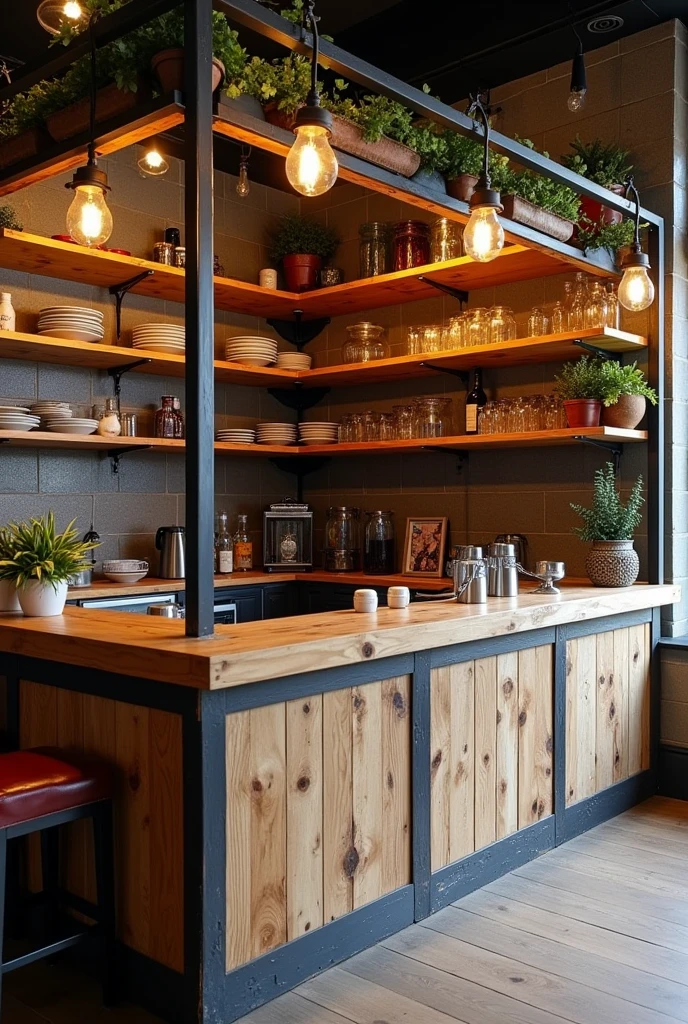 Wooden pizzeria counter with overhead iron and wood shelf with iron columns