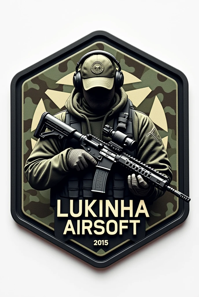 Create Hexagonal Rubberized Patch Cliché, camouflage coat of arms background, military coat of arms with the name Lukinha Airsoft, operator carrying an m4 rifle wearing a cap and headphones