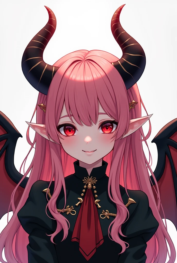 Demonic souls, child , Eyes red, by white, アニメ, portraite, ssmile, fly away, sweet , noble clothes, long pink hair , pointy ears, black wings