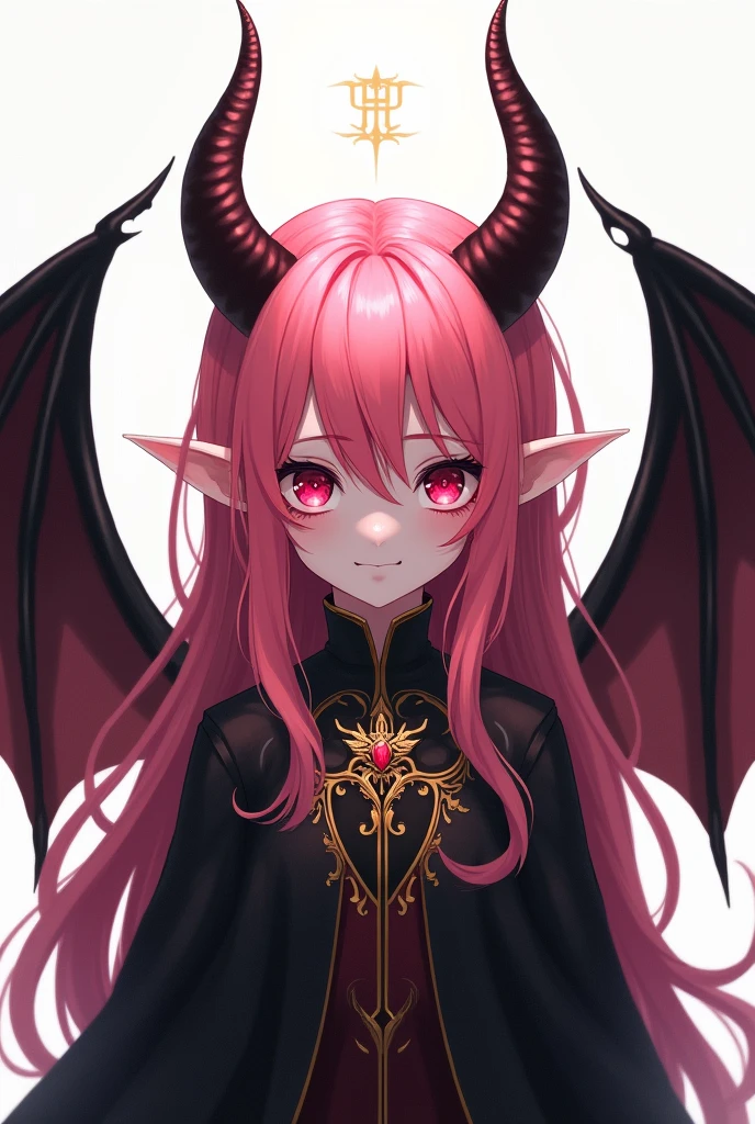 Demonic souls, child , Eyes red, by white, アニメ, portraite, ssmile, fly away, sweet , noble clothes, long pink hair , pointy ears, black wings