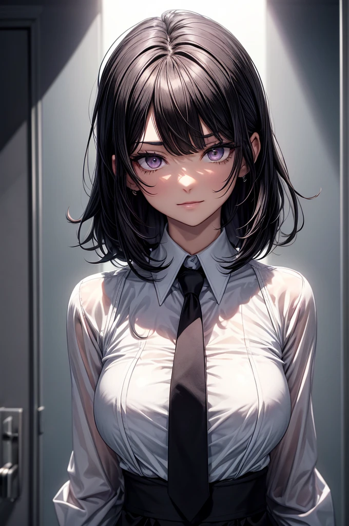 Upper body and head Look up Pay attention to the tall girl Extremely detailed Perfect female body One girl 20 years old Short black hair Unruly hair Long bangs Hair between the eyes Lightly twisting the hair next to the ear Black hair Handsome woman Smirking expression Delicate Arms Big breasts Dark purple eyes Necktie Working suit White shirt Light shines through Beautiful shadows 8K quality 3 Beautiful like wallpaper Top quality