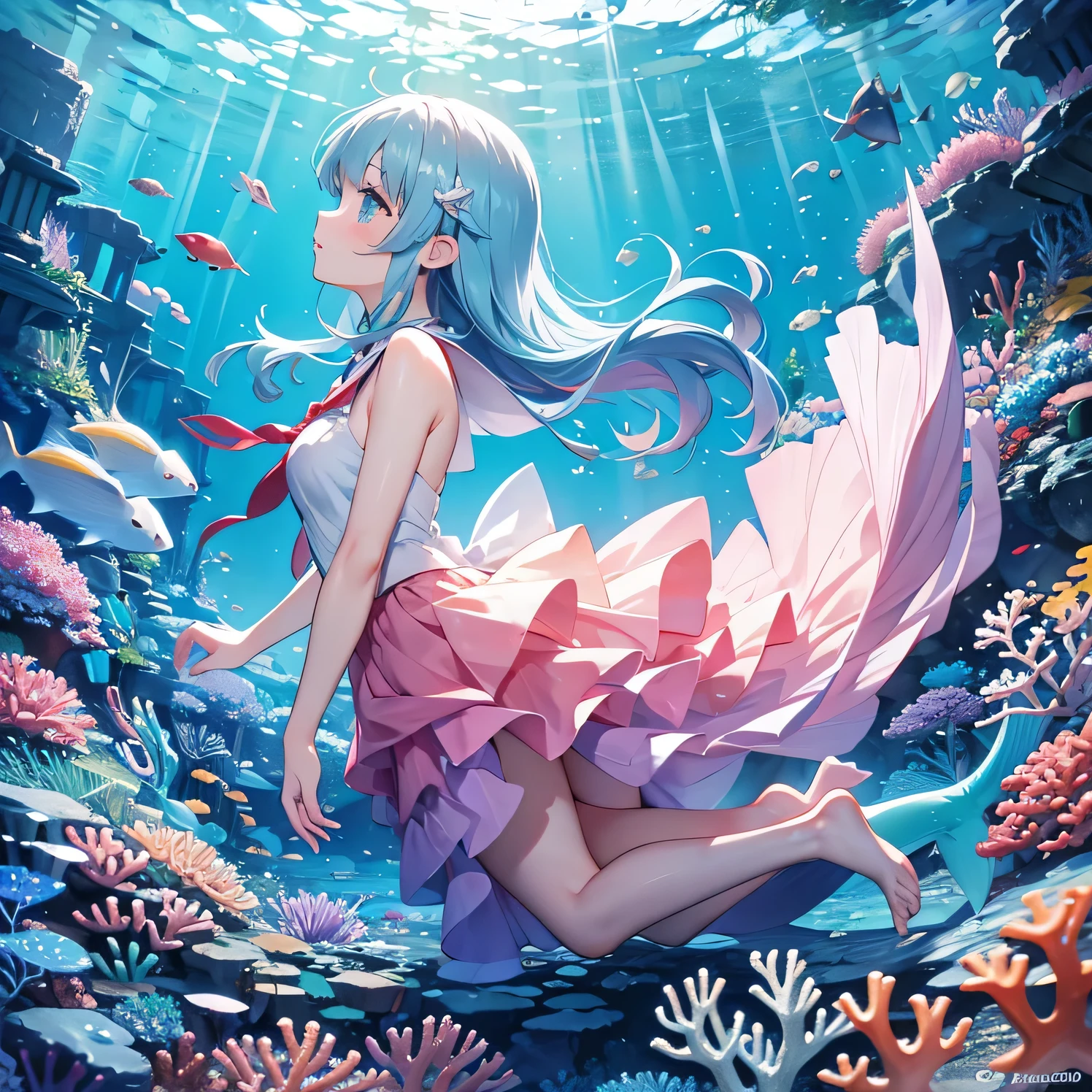 seabed、School of fish、coral、mermaid、Fisheye Lens、beautiful girl、prism、profile