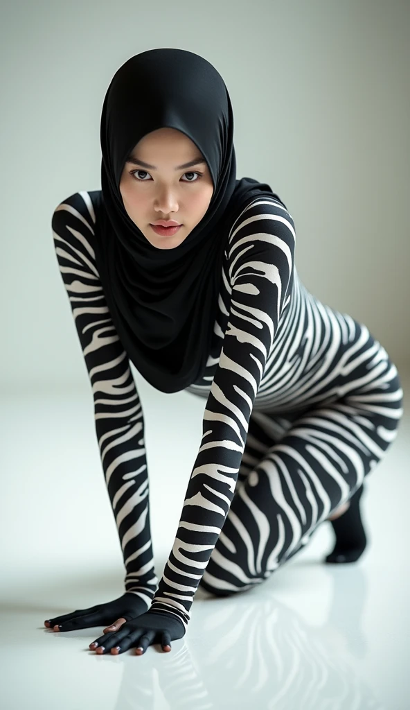 a beautiful asian muslimah woman with zebra striped seamless print hijab wears zebra striped seamless print unitard catsuit.She is crawling.