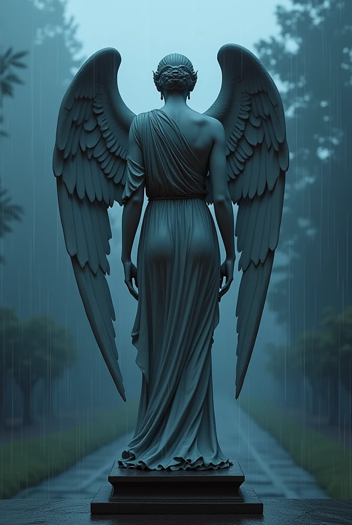 greek statue of an angel standing and facing away on a darker rainy outdoor background with blue aesthetics throughout the image