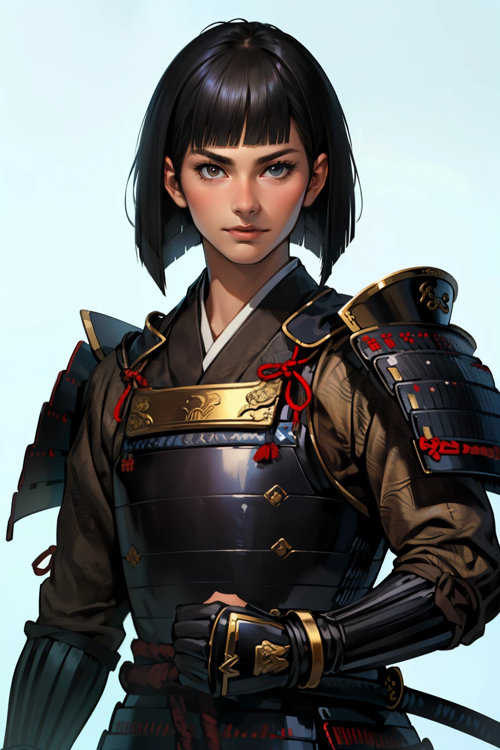 (high resolution, pixel perfect, gorgeous illustrations), (hyper quality, muste piece, etheric: 1.4), (((cowboy shot))), face focus, ((1girl)), (((Androgynous))), cool atmosphere, black hair, ((((bob cut)))), (((Exquisite face))), (ideal ratio body proportions, slender, small breasts), (((samurai_armor))), shiny skin, gleaming skin, simple background,