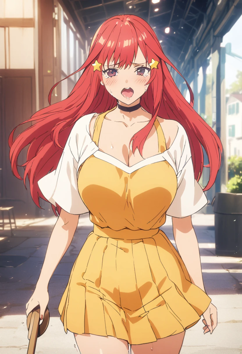 (Highest quality, 4K, 8k, High resolution, masterpiece:1.2), Very detailed, Picturesque, Animated Photography, Photo Animation:1.37)、Japanese schoolgirl、(Red Hair)、(Long Hair)、(yellow star hair ornament)、Off-the-shoulder knit dress、Black choker、storehouse、Ecstasy face、Sweat、Are crying、vapor、trembling、Nakano May