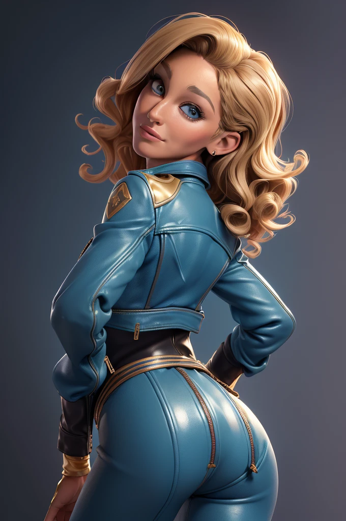 obra prima, melhor qualidade, ((only one woman,)) ((sarah jessica parker, dark tan skin, short blonde curly hair, heavy makeup eye shadow, mouth open,)) (((wearing thigh length cerulean blue distressed leather jacket,))) (((jacket is zipped up, jacket covers waist and ass,))) ((jacket has stiff high collar,)) ((gold pvc gloves,)) body is very skinny, standing up, (((arched back, shoulders leaning way back, hips twisting, head tilted way back, chin up,))) ((camera back view, extreme closeup view of upper body,)) shallow depth of field, highres, HD, 8k, anatomically correct