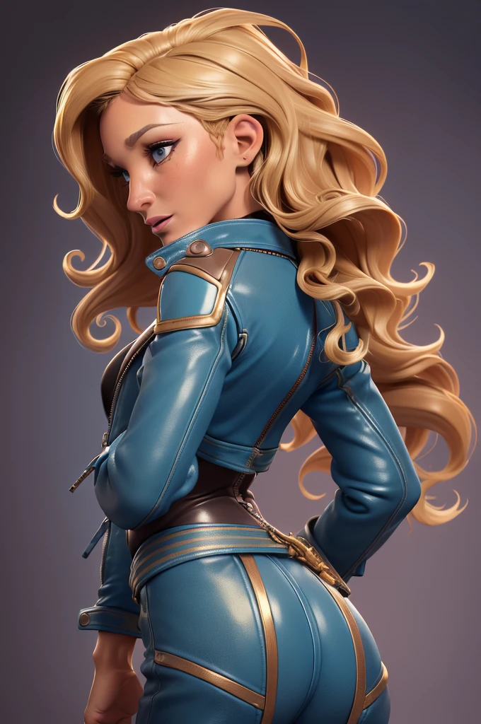 obra prima, melhor qualidade, ((only one woman,)) ((sarah jessica parker, dark tan skin, short blonde curly hair, heavy makeup eye shadow, mouth open,)) (((wearing thigh length cerulean blue distressed leather jacket,))) (((jacket is zipped up, jacket covers waist and ass,))) ((jacket has stiff high collar,)) ((gold pvc gloves,)) body is very skinny, standing up, (((arched back, shoulders leaning way back, hips twisting, head tilted way back, chin up,))) ((camera back view, extreme closeup view of upper body,)) shallow depth of field, highres, HD, 8k, anatomically correct