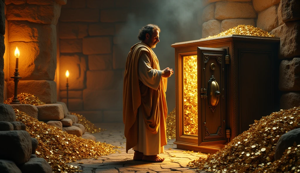 Create a hyper-realistic and mysterious image of Solomon in an underground treasure chamber, where piles of gold coins and chests of jewels are carefully stored. He is standing next to a large open safe., putting a new stack of coins inside, symbolizing the importance of saving. The environment should be lit by torches on the walls, casting a soft golden light that highlights the shine of the gold, but with deep shadows that create a sense of mystery and protection. Solomon&#39;s expression must be one of satisfaction and prudence., highlighting that economies are the foundation of future prosperity.