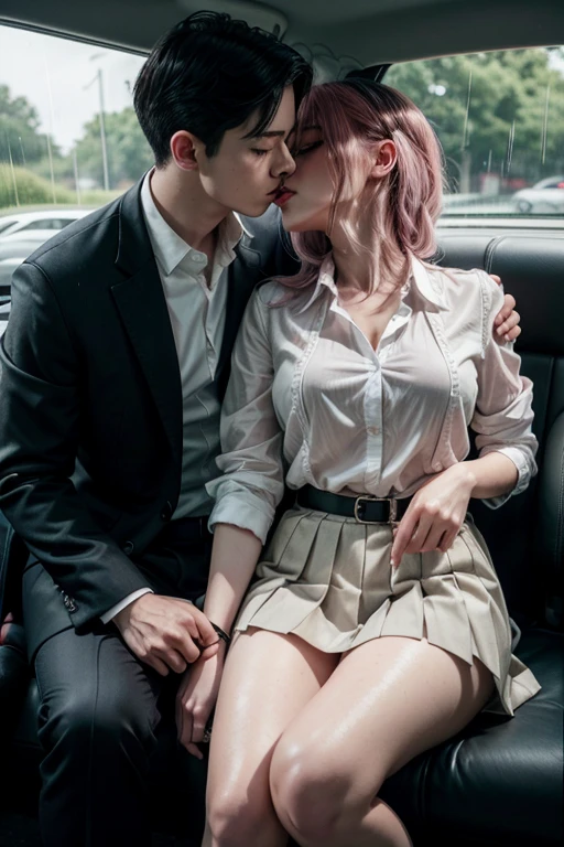 A beautiful detailed illustration of a boy and a girl kissing in a car during a severe rainstorm, masterpiece, best quality, super detailed, pink haired girl in a white pleated shirt with a cracked button on the chest, upskirt, boy with black hair in a black catsuit and black pants, realistic, photorealistic, photo-realistic, (best quality,4k,8k,highres,masterpiece:1.2),ultra-detailed,(realistic,photorealistic,photo-realistic:1.37),HDR,UHD,studio lighting,ultra-fine painting,sharp focus,physically-based rendering,extreme detail description,professional,vivid colors,bokeh,portraits,concept artists,dark moody lighting,dramatic lighting,cinematic,overcast,heavy rain