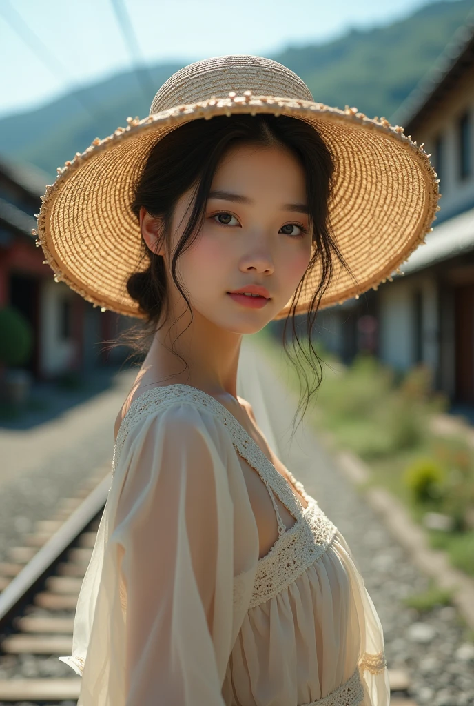 1girl, 1 girl, solo, (realistic:2.0), (real photo:2.0), masterpiece, best quality, natural skin texture, asian girl, photo realistic,
A Japanese beauty, dress, translucent woven straw hat , light smile, mountain, (old train station:1.2), (rust marks:1.2), cave, train, railroad tracks, looking at the viewer, backlit