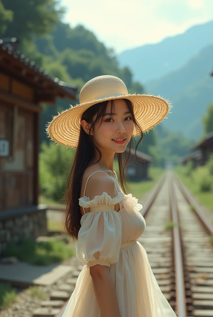 1girl, 1 girl, solo, (realistic:2.0), (real photo:2.0), masterpiece, best quality, natural skin texture, asian girl, photo realistic,
A Japanese beauty, dress, translucent woven straw hat , light smile, mountain, (old train station:1.2), (rust marks:1.2), cave, train, railroad tracks, looking at the viewer, backlit