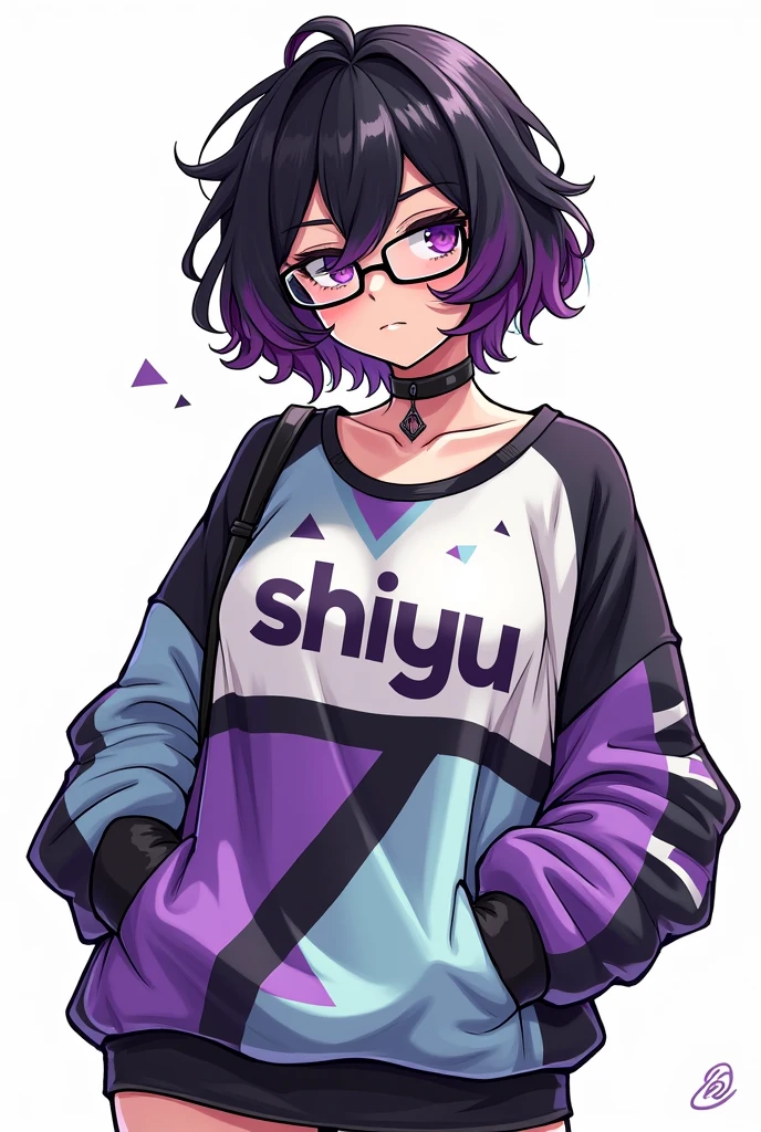 Make a 2D image of a very sexy female character for Rule 34 that is busty with big sexy breasts with these characteristics: hair: The hair is black with dark purple highlights.. It's short and messy, with locks falling over her forehead and sides. One strand in particular is highlighted in bright purple. face: He wears rectangular-framed glasses, purple eyes Clothes: Wear a modern and futuristic style hoodie. The sweatshirt has a white design, black and purple, with light blue details, and the chest is big and has a sexy cleavage. on the chest, you can clearly see the text "SHIYU", and the sweatshirt has various geometric elements and patterns, including triangles and lines. Accessories: She wears a black choker around her neck., which reinforces its alternative look. besides, A black shoulder bag with purple and blue details crosses his chest., which appears to be both a fashion accessory and a functional one. The background should be white and look like a drawing or sketch