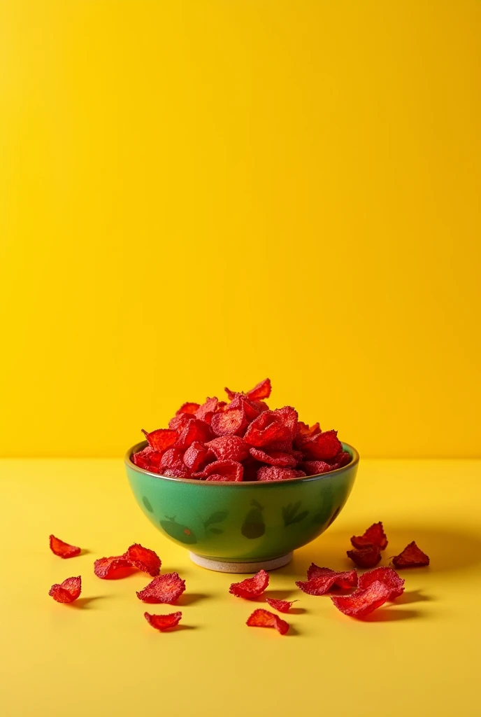 Create a 1080 x 1080 px image where there is a green bowl with red pickled chips falling on a yellow background