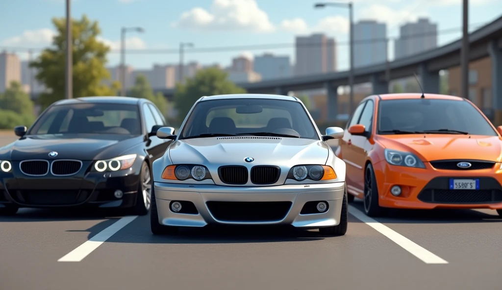 Im Stil von Pixar 3D- The animated film. A silver BMW E46 Compact stands in a parking lot, To his left and right are a black BMW E60 Sedan and an orange Ford Focus ST MK1.
