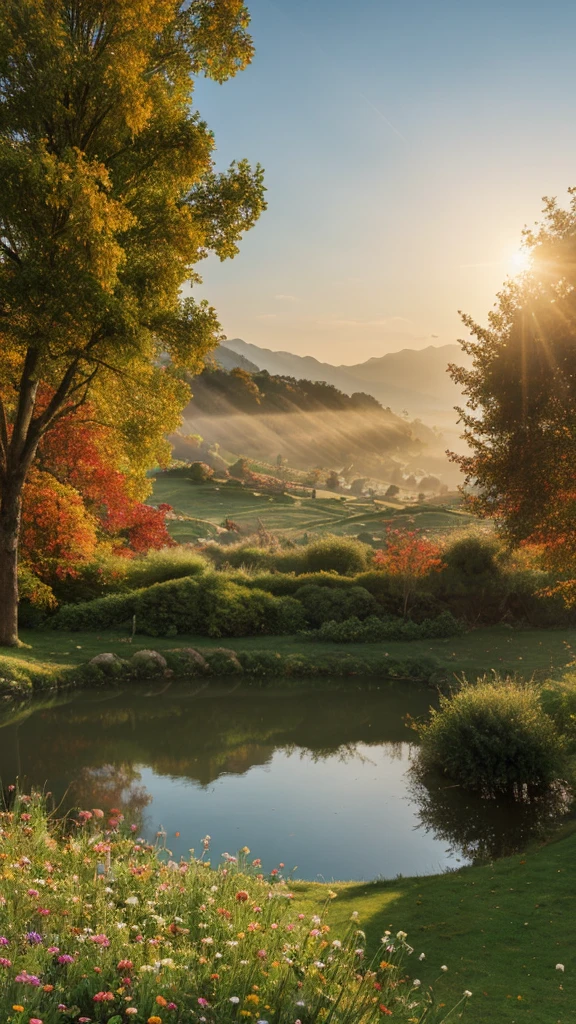 garden in a wide steep valley with huge dramatic Boat mountains in the distance,autumn, very deep clear water natural pond, rocks plants flowers shrubs trees moss lawns grass animals,sunrise and strong sunbeams,very hazy,extreme details,photorealistic,4k,HD,beautiful,nature, dreamy, low shot,ground level photo, good luminosity