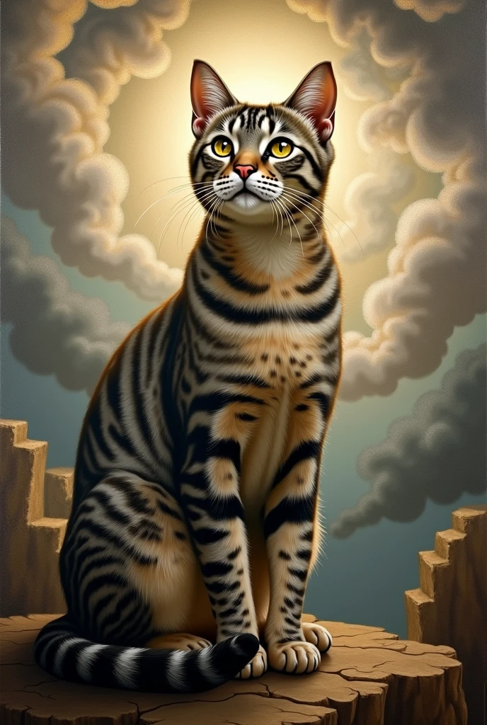 Grey brown and black tabby cat in painting The Creation of Adam