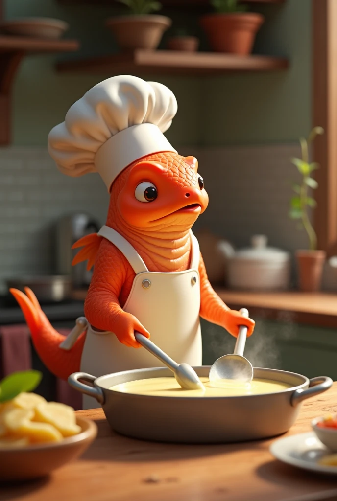 Create an animated image of a salmon making a bechamel sauce
