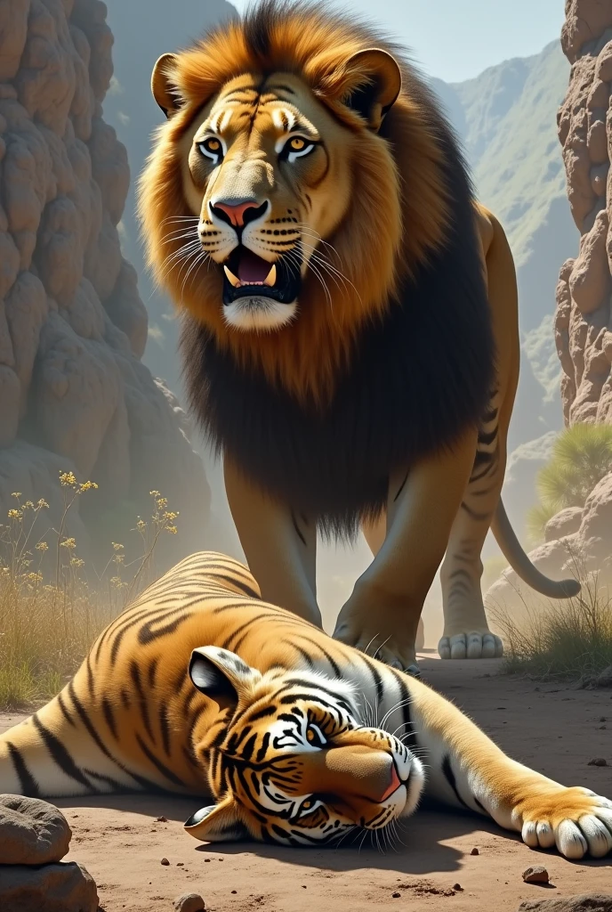 Lion by tiger dead