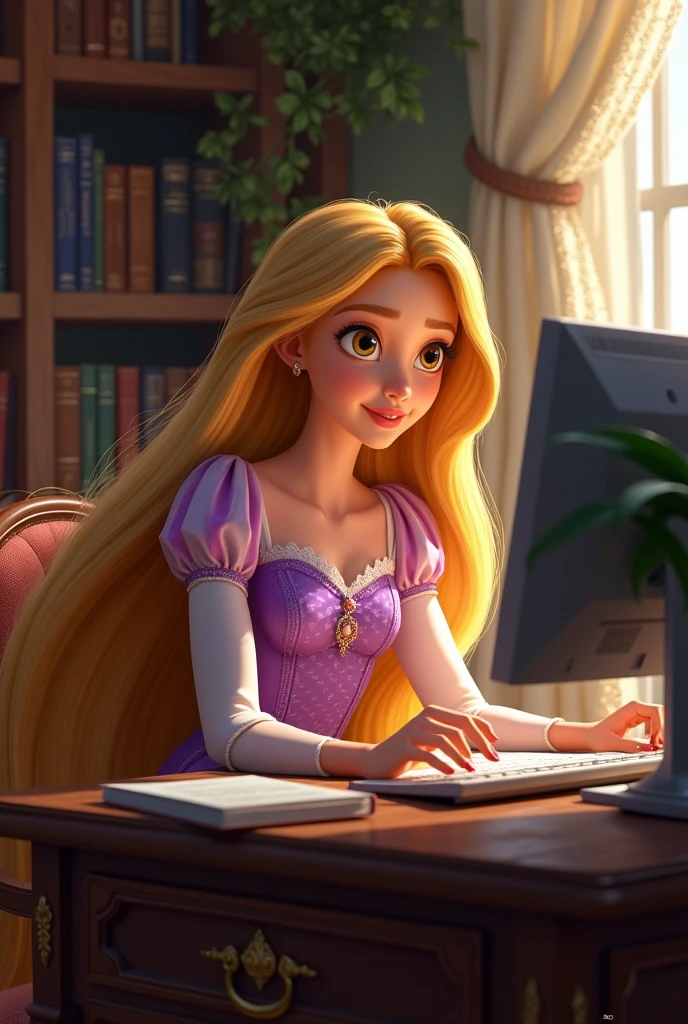 Rapunzel studying with a computer