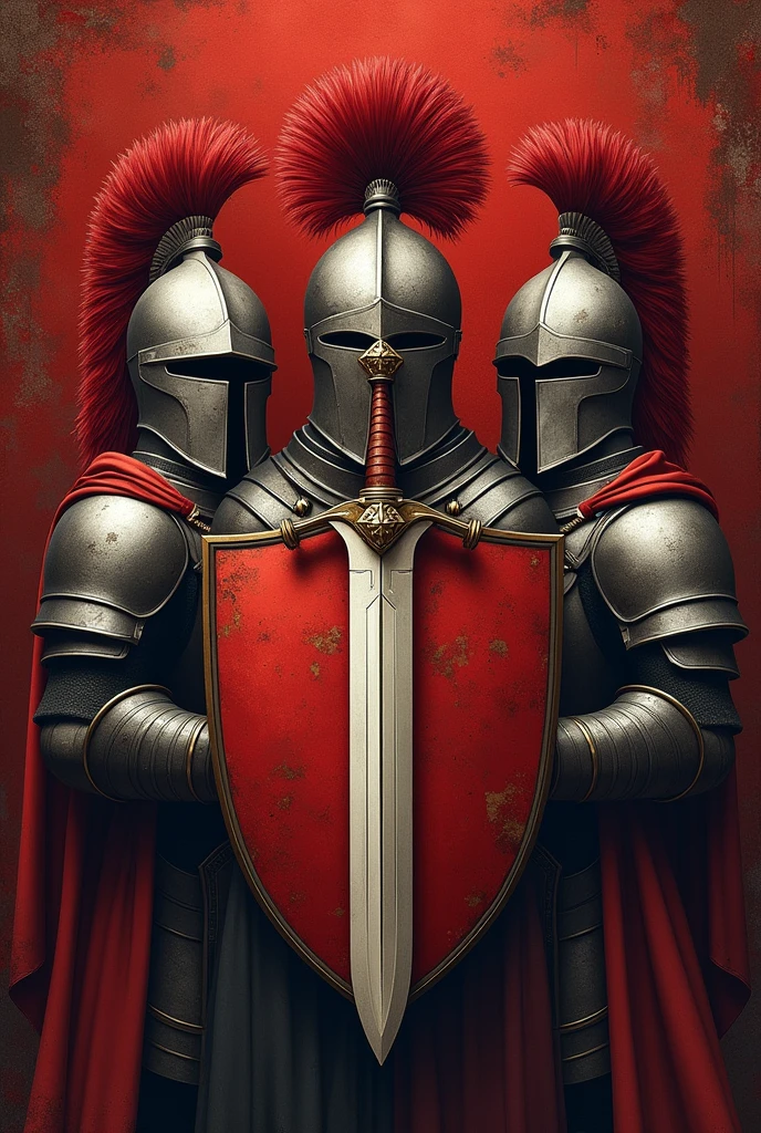 Create a coat of arms with just 3 helmets and a Templar-style sword