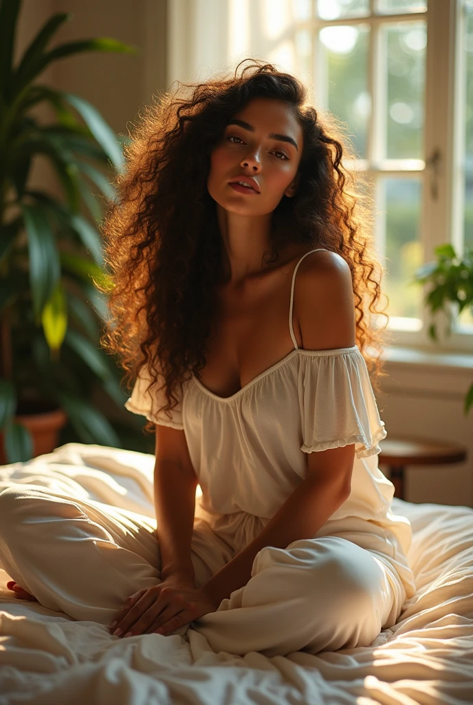 (photorealism:1.2), beautiful woman, sitting on 
bed, wearing loose off-shoulder top, pajama pants, long curly hair, indoors, soft lighting, plants in background, window with sunlight, cozy room, relaxed pose, realistic, intricate details, warm colors, by Greg Rutkowski, by Alphonse Mucha