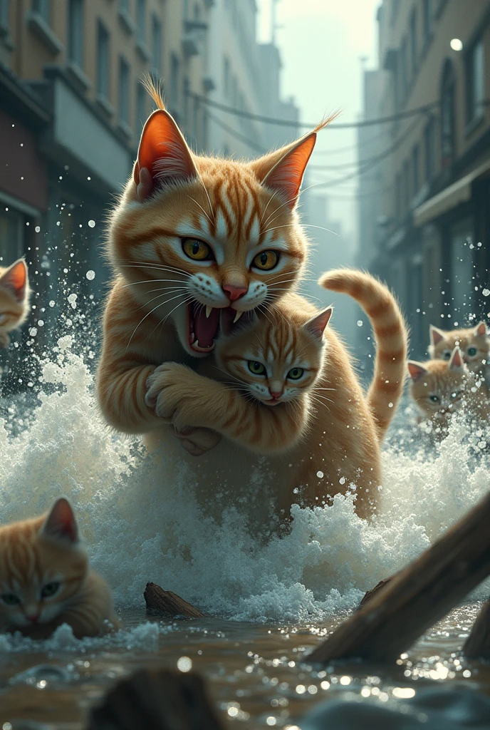 mother cat cries pulling kittens running in flood