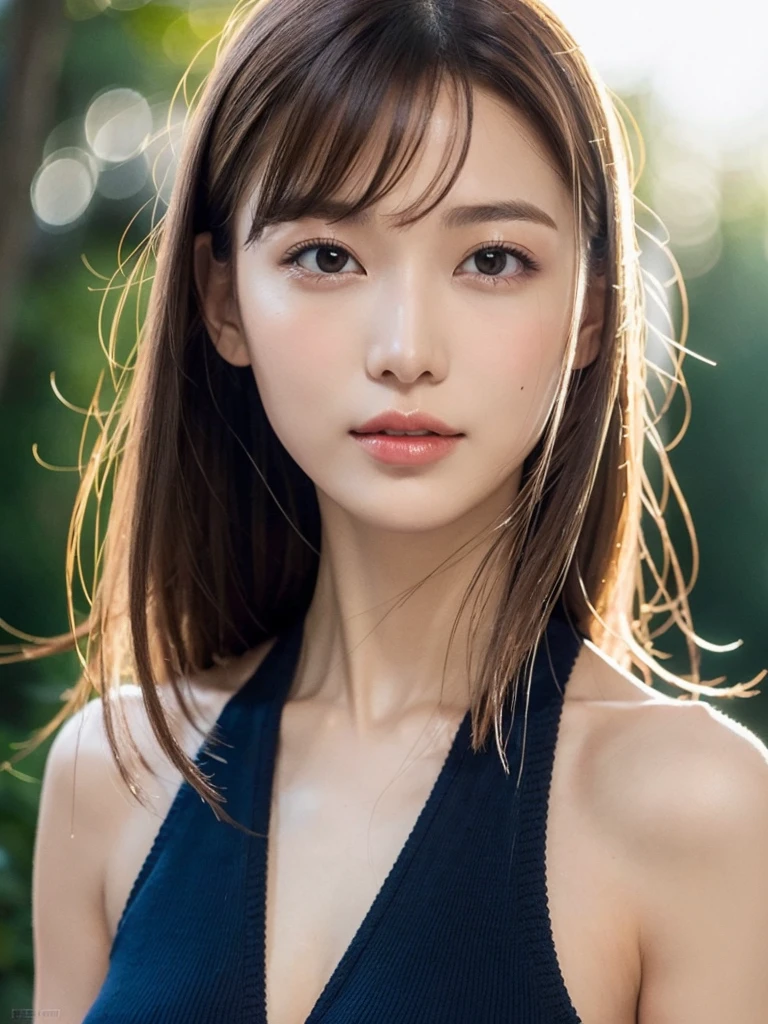 1 Female, Beautiful street hair with no split ends、West Shot、Beautiful, Backlight 、Autumn sunset, Backlight, Autumn color knit sleeveless top 、Slim figure, Big Breasts, beautiful, Show off your sexy neck and collarbone by putting your hair up. 、Shiny, Sexual skin 、Medium chest, Light brown hair, Blunt bangs, Hair behind the ear, Hair that falls over the shoulders, Long Hair, Slim figure, Ultra delicate lips, Beautiful eyes, Light blush, eyes are light brown, Perfect glowing skin, Perfect Skin, Very thin fingers, The optimal ratio is four fingers to one thumb, (Realistic:1.3), First Person View, Super Detail, high quality, 最high quality, High resolution