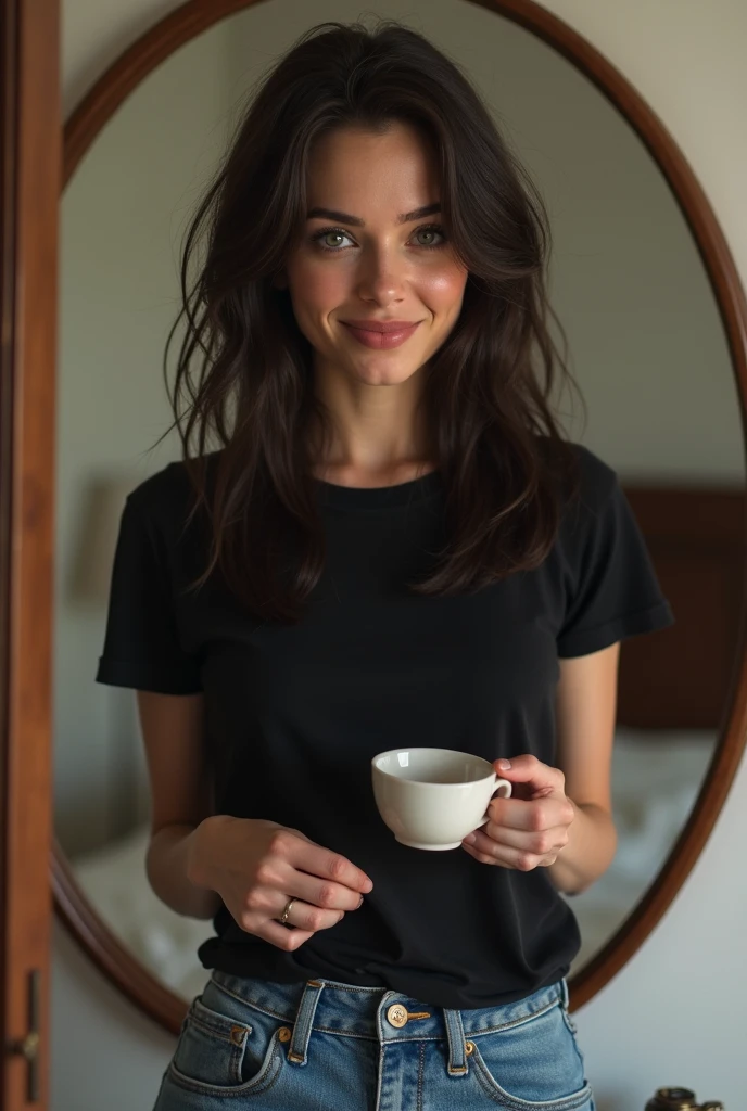 A woman resembling Scarlett Johansson, smiling, wearing a black dress and long dark hair, looks directly into the camera. Having a cup of coffee, She just woke up disheveled, taking a selfie in the mirror, wearing a black t-shirt and blue jeans.