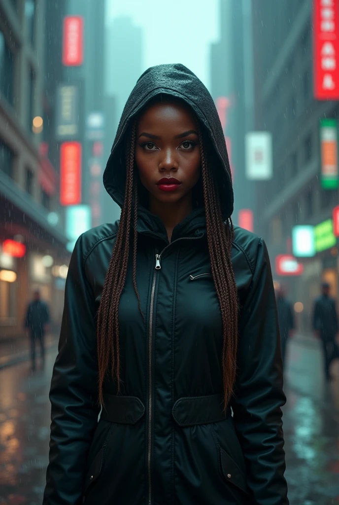 A black woman with cool-toned skin, braided brown hair, Oval face, almond-shaped eyes in a wine tone, fleshy mouth painted blood red, dressed in a black overcoat on a futuristic raining street