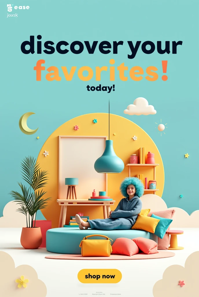 Design a vibrant and attention-grabbing banner for an online store called 'ShopEase', which offers a wide variety of products, from fashion to home goods and electronics. The banner should use a bright, welcoming color palette such as soft blues, warm yellows, and white to create an inviting atmosphere. Incorporate high-quality images of diverse products (clothing, home decor, gadgets) arranged neatly in the layout. Include bold, easy-to-read text with the message 'Discover Your Favorites Today!' and a clear call-to-action button that says 'Shop Now'. The design should feel modern, approachable, and energetic, appealing to a wide range of customers and encouraging them to explore the store's offerings."