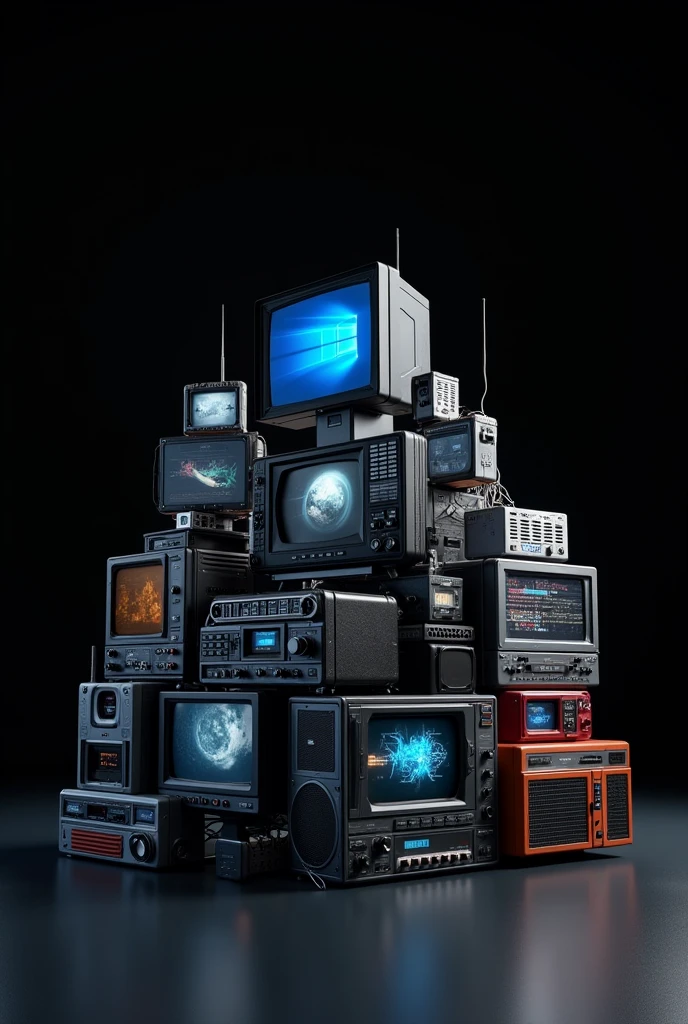 different media devices, a computer, a radio, a television, a cell phone  with a black background 