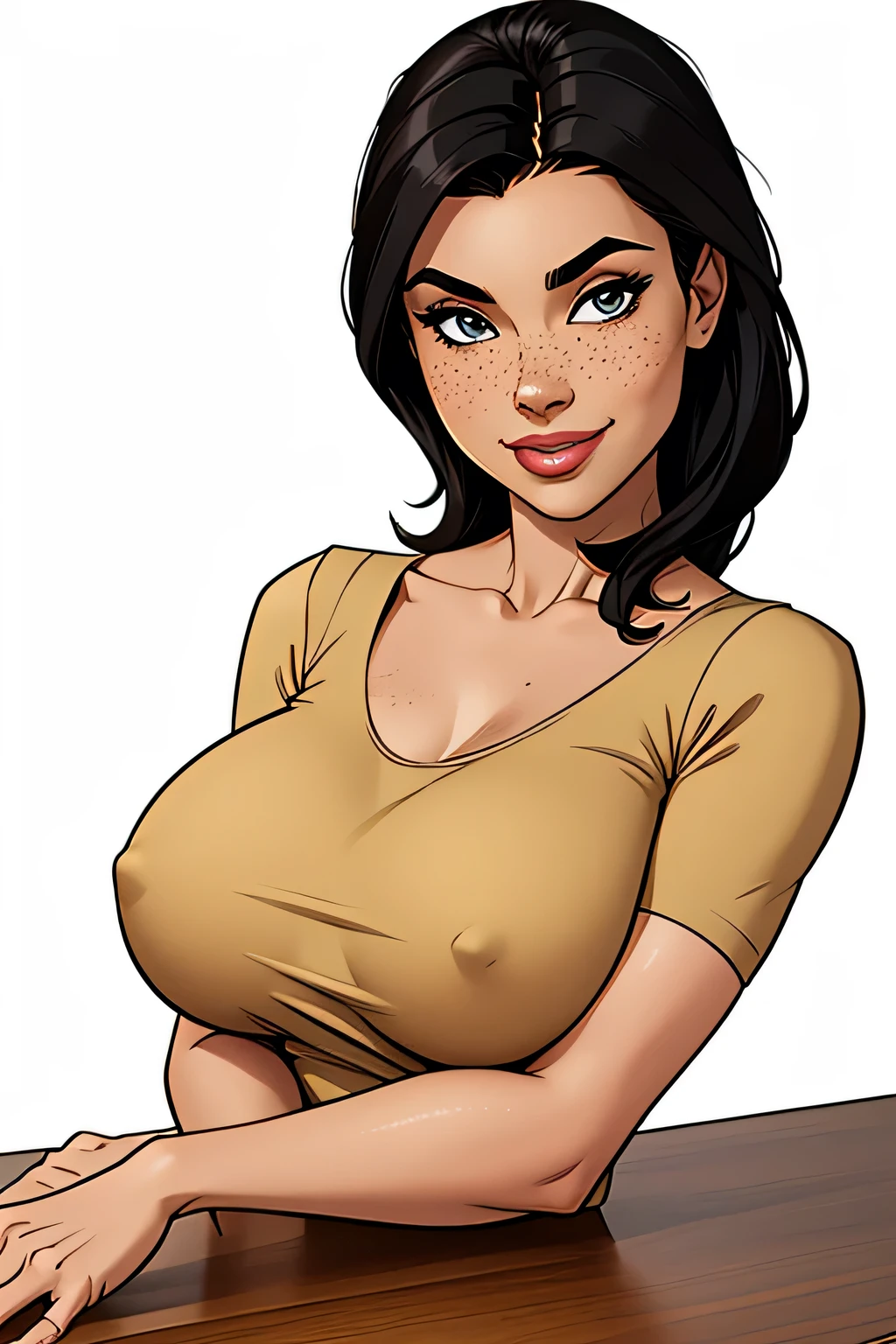 Thin woman, age 25, 4K (High definition), mysterious smile, seducing gaze, eyes browns, wearing a beige dress with a boat neck and short sleeves, arms positioned at the side of the body, Caucasian skin, straight black hair down to shoulder length, upper body (hands resting on a table), full of curves with freckles across her chest and neck, round breasts. Marvel style high quality, white background.