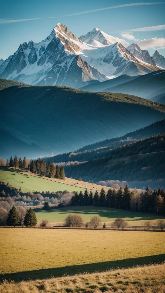 A landscape of fields with mountains in the background and 3 crosses