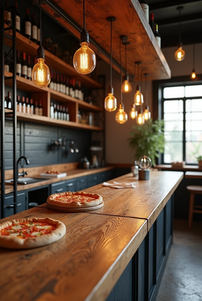 Wooden pizzeria counter with overhead iron and wood wine rack, with iron columns