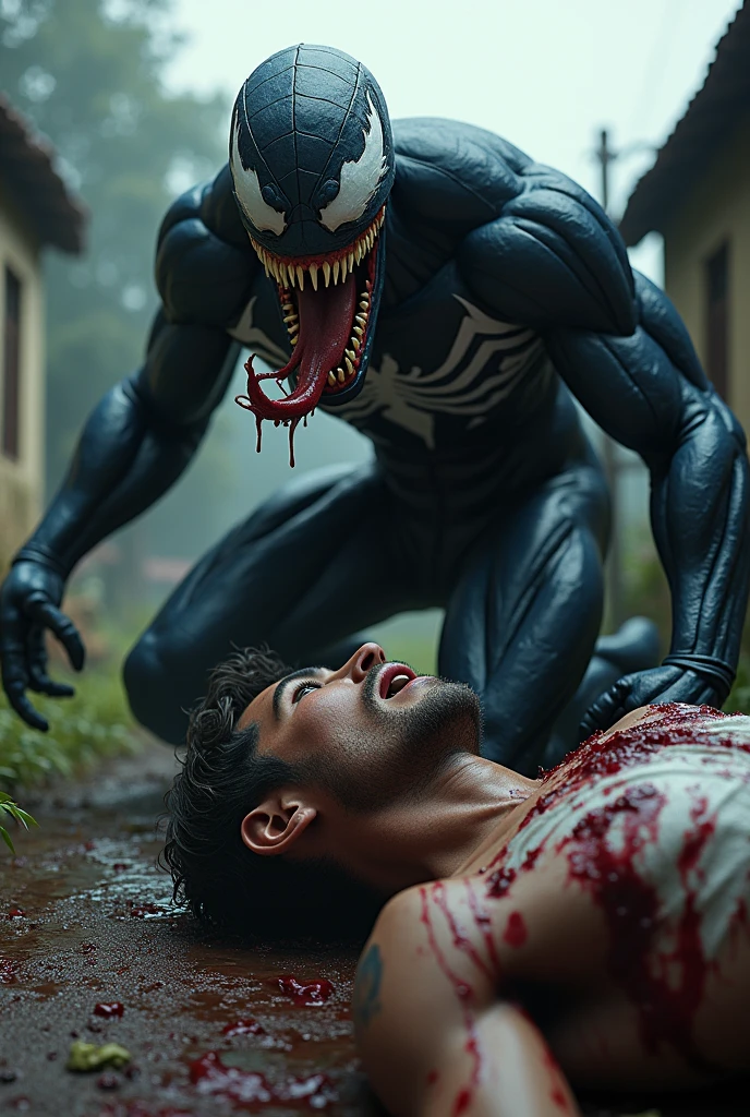 Create a 3D illusion for a venom picture where a 25 Year old boy in village to put down kill by venom and venom smiling baddest 
