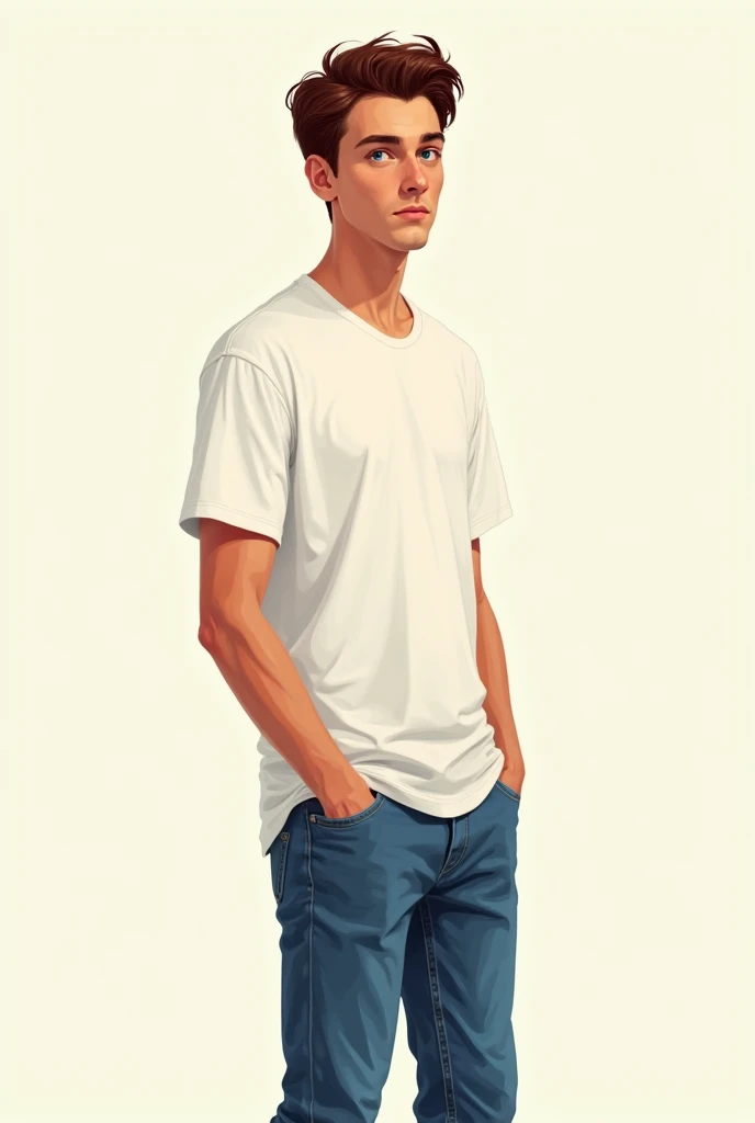 has beige skin,maroon hair, rounded cheeks, a round nose, small ears and a thin neck. His eyebrows are dark brown and his eyes are blue.. He wears a white t-shirt he also wears jeans and black shoes and is 2d.
