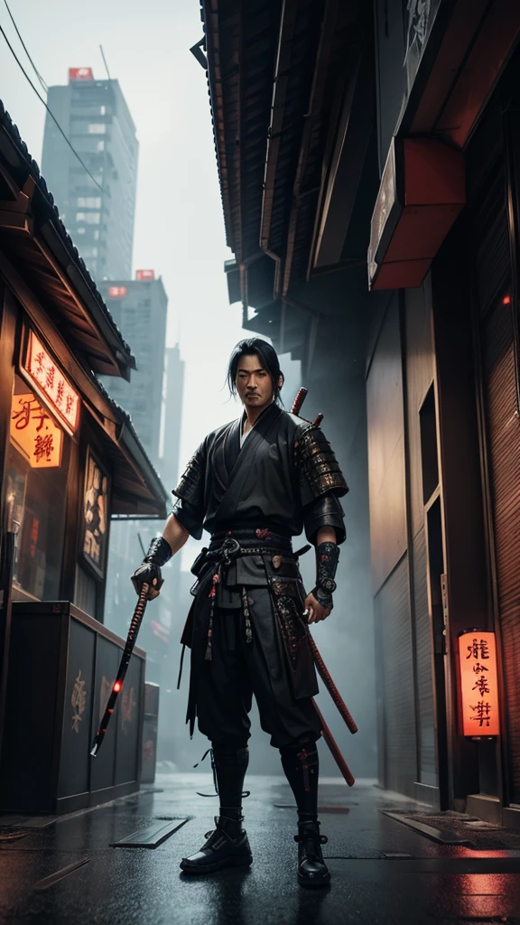 a close up of a man holding a katana in a city, very beautiful cyberpunk samurai, cyberpunk samurai, neon samurai, samurai jedi, full body of a cyberpunk samurai, samurai posed, [ trending on cgsociety ]!!, sith lord. dramatic lighting, trending on artstation.', andreas rocha style, urban samurai, cyborg samurai, inspired by Kanō Hōgai,