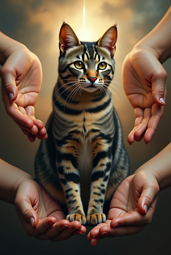 Grey brown and black tabby cat in artwork the creation of adam