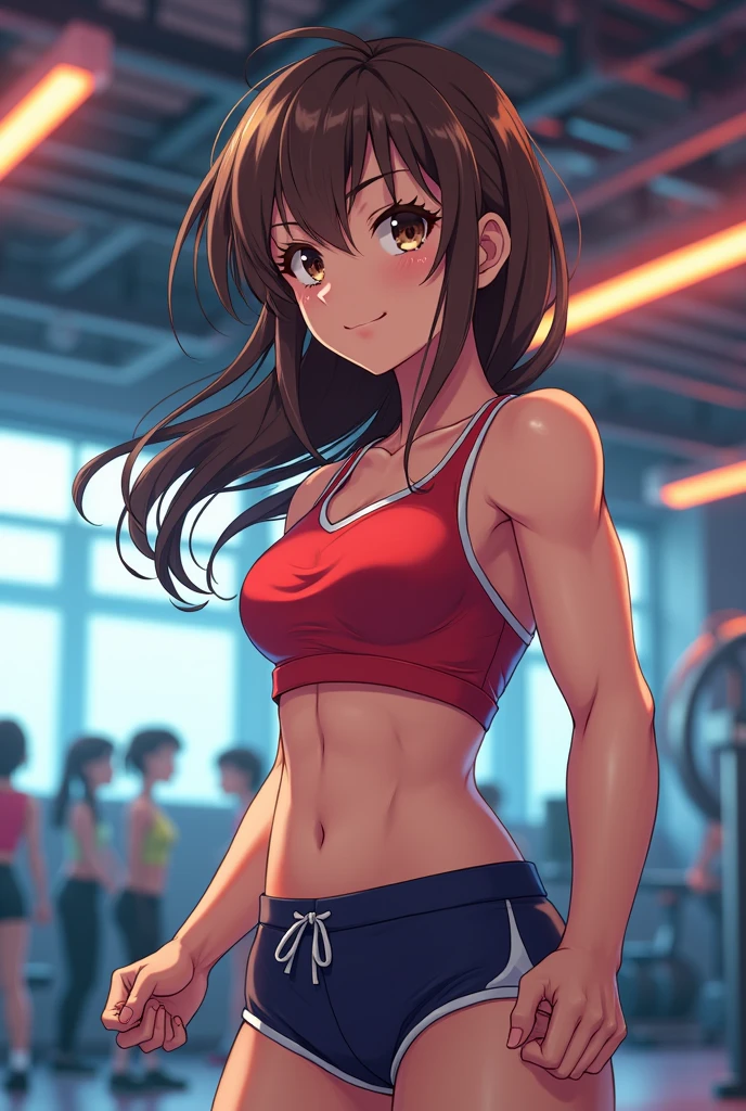, girl, brunette, brown eyes, gym, muscle, anime