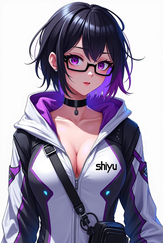 Make a 2D image of a very sexy female character for Rule 34 that is busty with big sexy breasts with these characteristics: hair: The hair is black with dark purple highlights.. It&#39;s short and messy, with locks falling over her forehead and sides. One strand in particular is highlighted in bright purple. face: He wears rectangular-framed glasses, purple eyes Clothes: Wear a sexy hoodie with a modern and futuristic style. The sweatshirt has a white design, black and purple, with light blue details, and the chest is big and has a sexy cleavage. on the chest, you can clearly see the text "SHIYU", and the sweatshirt has various geometric elements and patterns, including triangles and lines. Accessories: She wears a black choker around her neck., which reinforces its alternative look. besides, A black shoulder bag with purple and blue details crosses his chest., which appears to be both a fashion accessory and a functional one. The background should be white and look like a drawing or sketch