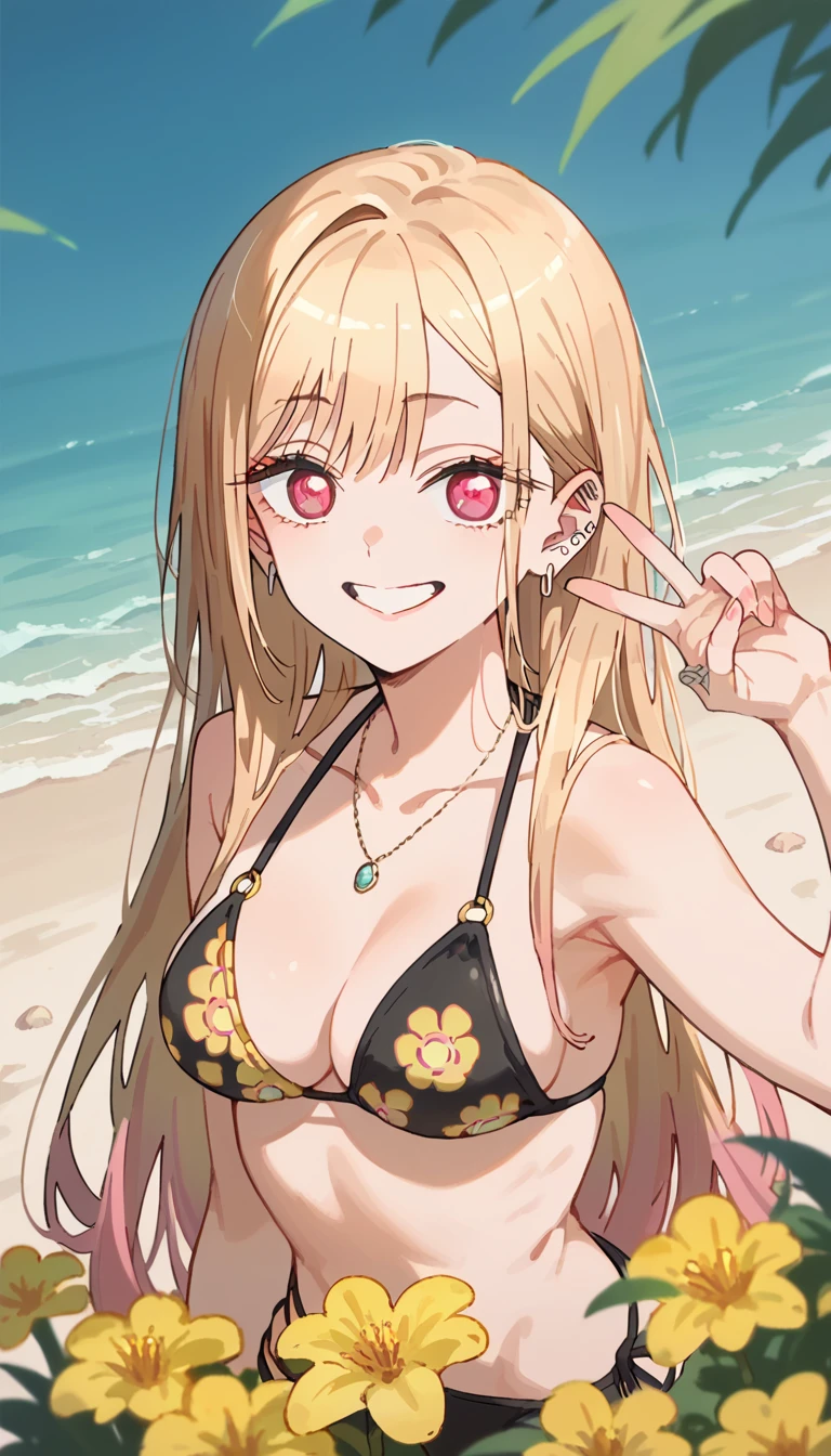 1girl, [masterpiece] at the beach, perfect face, expensive eyes, marin kitagawa, black bikini, yellow flower pattern, blonde hair, Pink tips, earrings, ear piercing, pink eyes, soft smile, peace sing