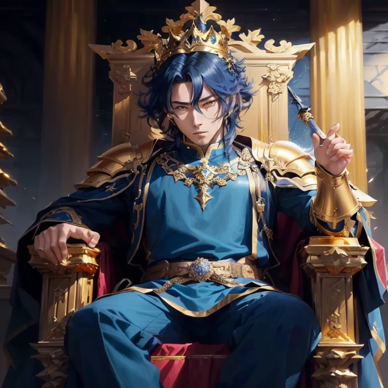 a close up of a person sitting on a throne with a sword, keqing do impacto genshin, handsome guy in demon slayer art, male king, casimir art, sitting in a gilded throne, offcial art, handsome prince, genshin, Anime isekai popular, with an armor and a crown, delicado male king, sitting on his throne, (((Hair made of gold)))