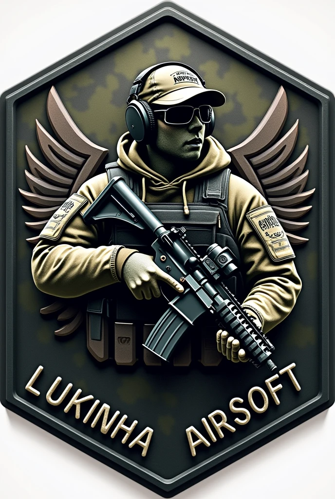 Create Hexagonal Rubberized Patch Cliché, camouflage coat of arms background, military coat of arms with the name Lukinha Airsoft, operator carrying an m4 rifle wearing a cap and headphones