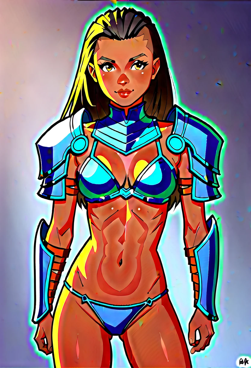 score_5_up,score_6_up,score_7_up,
 1girl, solo, wearing (bikini armor, shoulder armor), dark-skinned female, long hair, navel