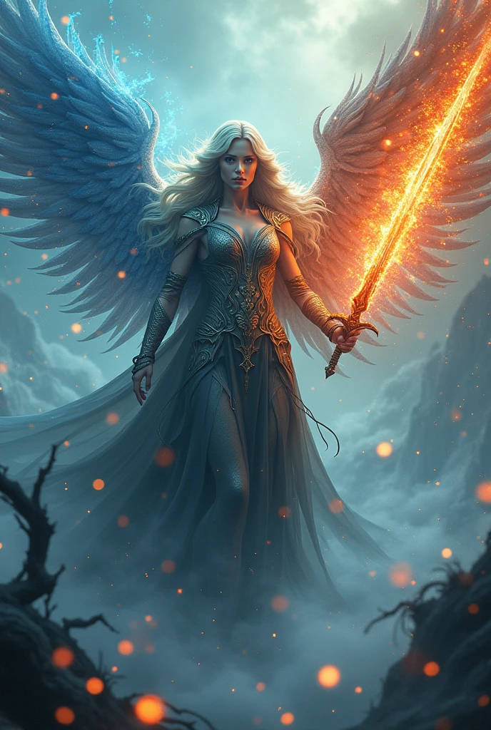 Close up,((Best quality, 8k, 32k, masterpiece,RAW photo, (realistic, photo-realistic:1.3),best quality,highly detailed,masterpiece,ultra-detailed)) , ((powerful sorceress, casting magic), A captivating fairy of ice, lava, and tsunami: soaring upward on bio-mechanical wings, her piercing gaze commands respect, with a sword shining bright, reflecting elemental forces within swirling smoke, surrounded by enthralling sparks, amidst an otherworldly landscape.