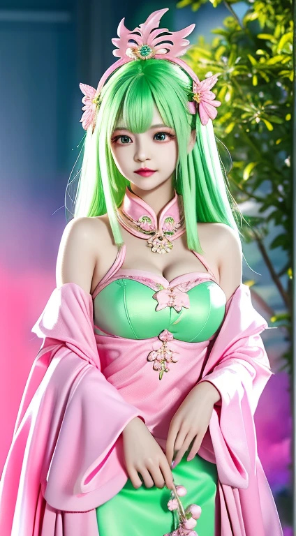 Pink nine-tailed dragon girl, (Light green hair), ((Big Hair)), double eyelid, Perfect figure, Nice face, Perfect Skin, black eye, spirit princess, The pink era、are shining on the distant planet Spica.、Pink and light green rays、A beautiful comet flies by、Pink clothes