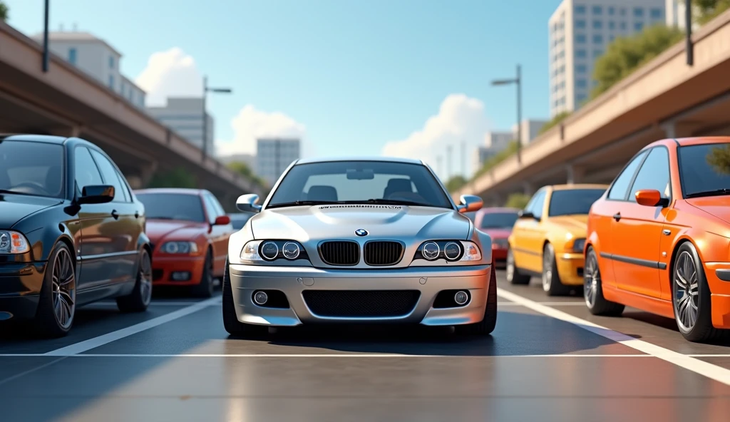 Im Stil von Pixar 3D- The animated film. A silver BMW E46 Compact stands in a parking lot, To his left and right are a black BMW E60 Sedan and an orange Ford Focus ST MK1.
