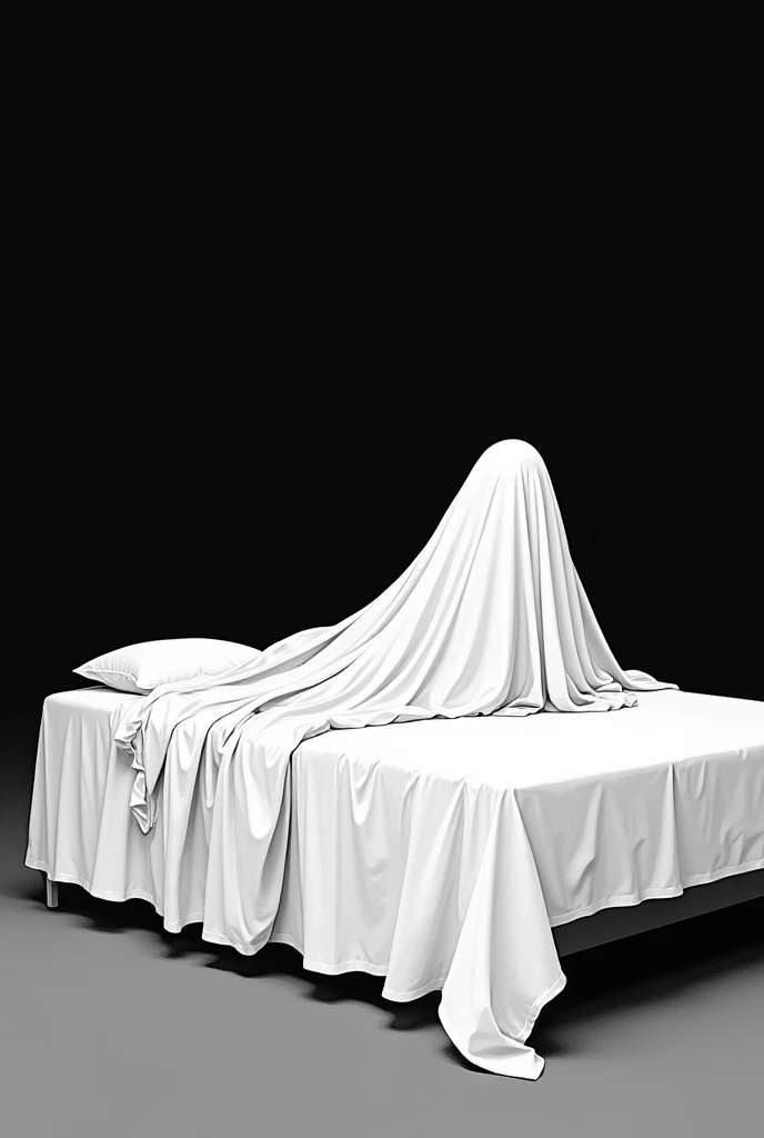sheet ghost lying on a bed, drawn and in black and white