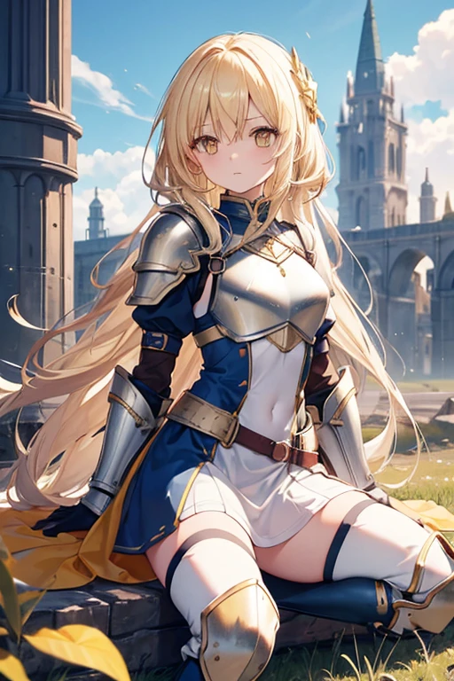 Eyes,One person, alone, Blonde, armor, Long Hair, Straight hair, Knee socks, boots, dress, Yellow Eyes, thigh boots, blue long boots, Blue footwear, Covered navel, breastplate, shoulder armor, gloves, white dress outdoor, sunny, High resolution, Golden Eyes, masterpiece,